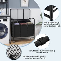 COSTWAY Wasmand met strijkplank, wasverzamelaar met 3 vakken en deksel, wassorteerwagen met wielen, wasbox uittrekbaar voor badkamer, bijkeuken, 80,5 x 41,5 x 87,5 cm — thumbnail 5
