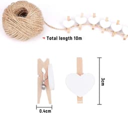 100 Mini Houten Knijpers Hartvorm Wit - Fotohouder & Decoratie met Jute Touw — thumbnail 3