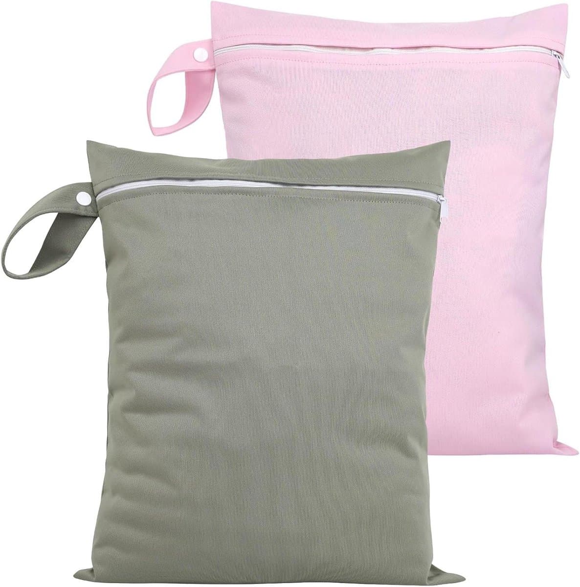 Set van 2 waterdichte natte zakken, herbruikbare waszakken voor reizen en wasmachine - 40 x 30 cm - met ritssluiting - geschikt voor badpakken, sportkleding en luiers - grijs/roze. — afbeelding 1