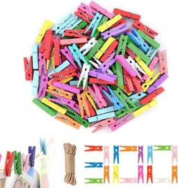 300 Kleine Houten Klemmetjes Kleurrijk met Jute Touw - Mini Knijpers voor Foto's, Kaarten & Decoratie — thumbnail 1