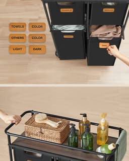 VASAGLE RLS100B01 - Wasmand met Wielen - 4 Afneembare Tassen - Met Opbergrek en 6 Labels — thumbnail 5
