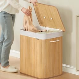 Dubbele compartiment wasmand opvouwbare opbergmand, 50x40x61cm naturel, 120L grote capaciteit, met deksel tegen stof en geurtjes, met afneembare en machinewasbare waszak en handgrepen, geschikt voor badkamer, slaapkamer of wasruimte — thumbnail 3