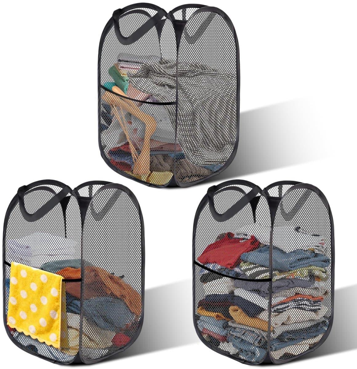 3x Opvouwbare wasmand 36x36x58 cm – Pop-up wasmand zwart – Draagbare wasgoed mand van netstof voor badkamer en camping — afbeelding 1