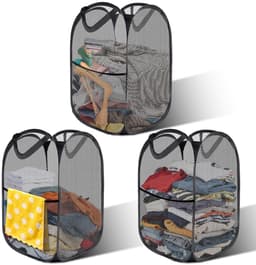 3x Opvouwbare wasmand 36x36x58 cm – Pop-up wasmand zwart – Draagbare wasgoed mand van netstof voor badkamer en camping — thumbnail 1