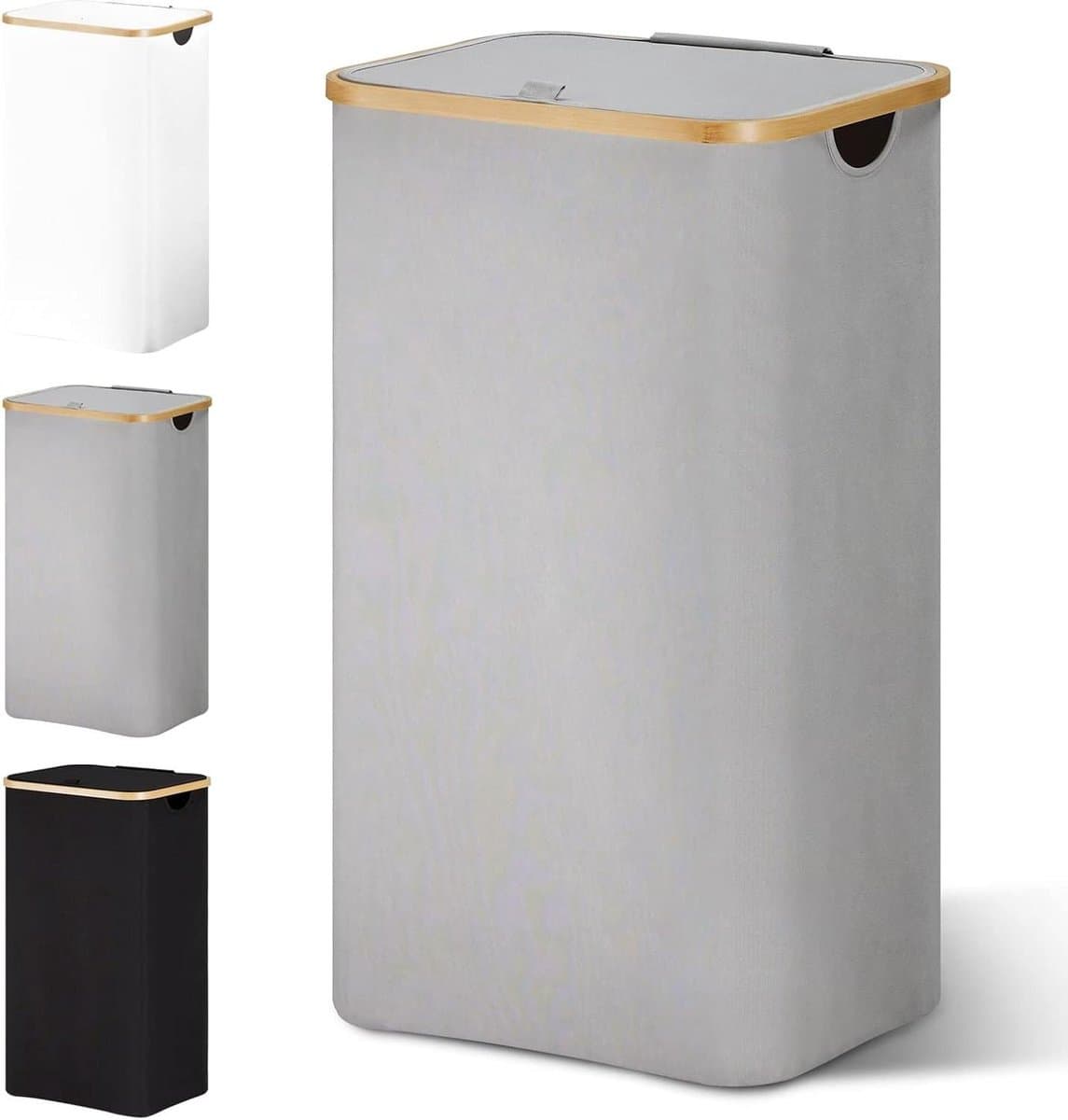 Wasmand 85 liter opvouwbaar met deksel en waszak, bamboe hout, smal design, grijze wasverzamelaar. — afbeelding 1