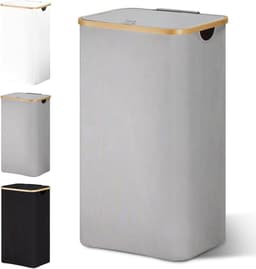 Wasmand 85 liter opvouwbaar met deksel en waszak, bamboe hout, smal design, grijze wasverzamelaar. — thumbnail 1