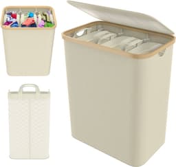 ACXIN Opvouwbare Wasmand met Deksel - 3 Vakken Wassorter - 140 Liter - Beige — thumbnail 1
