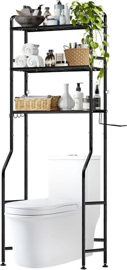 Invalideerbaar Wasmachine Rek Boven Wasmachine - Toiletkast met 3 Planken en Handdoekhouder - Zwart — thumbnail 1