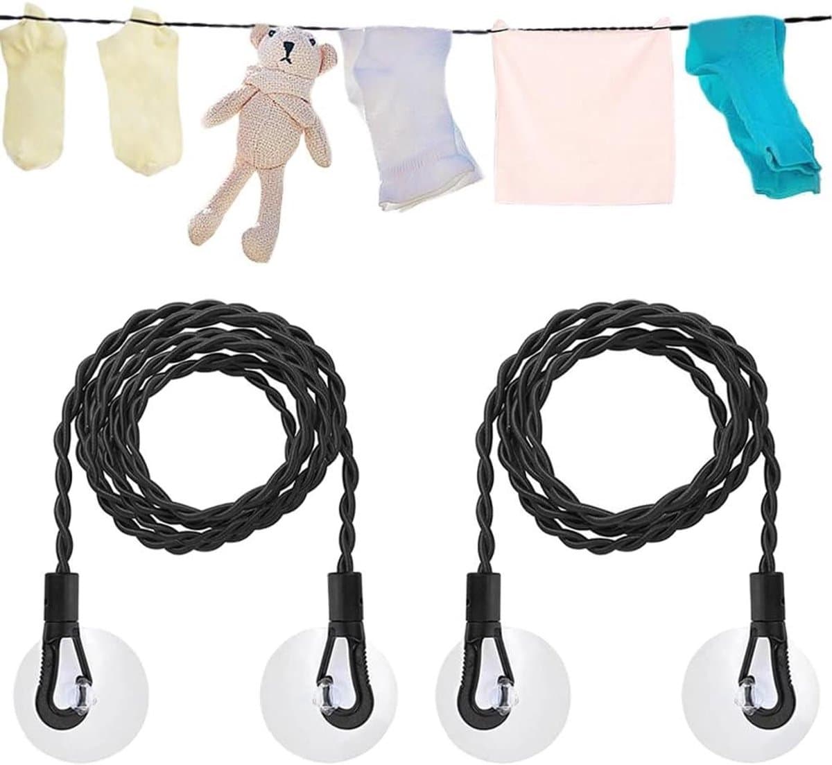 Allecto Plus - Reiskleding Waslijn 2 stuks voor Buiten Kamperen en Wasdrogen met Haken en Zuignap — afbeelding 1