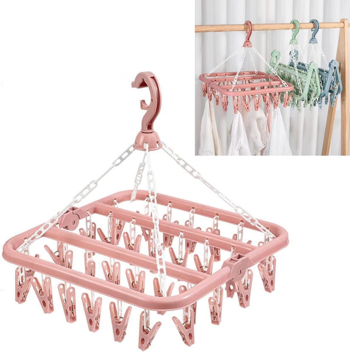 2 Pack Drying Clothesline 32 Peg Airer for Underwear Sock Pants -Bra Lingerie Camping Caravan Travel Wardrobe - Windproof Drying Rack with Clips — afbeelding 1