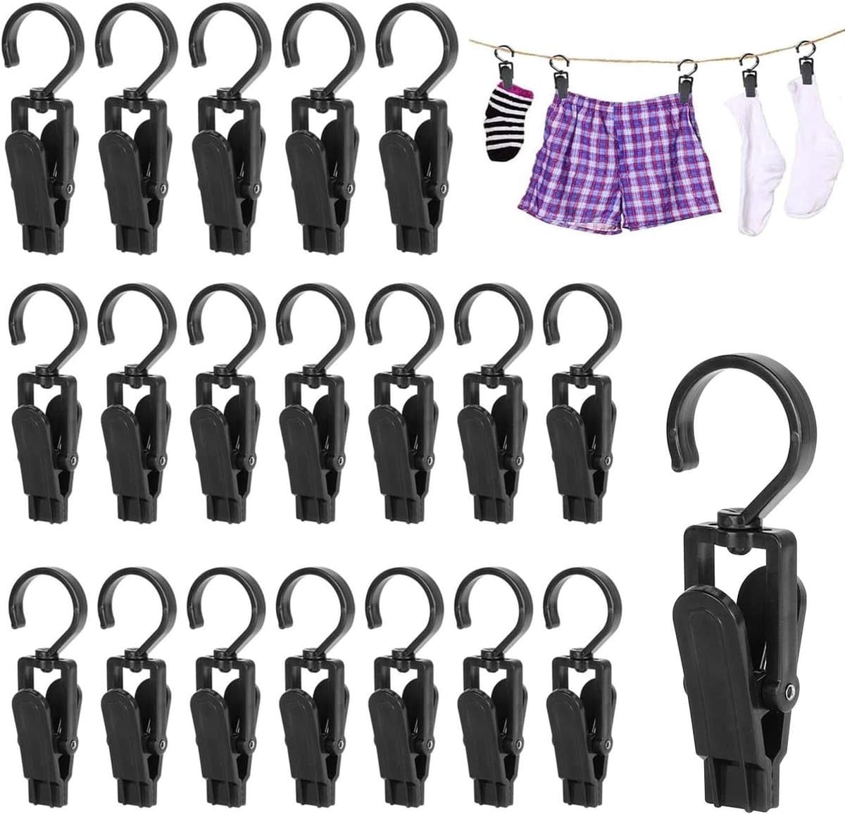 20 stuks - Draagbare draaibare haken van kunststof - 360° draaibaar - Reishaken voor thuis - Wasclips - Gordijnclips - Voor het drogen van kleding, hoeden, handdoeken, sokken en handschoenen (zwart) — afbeelding 1