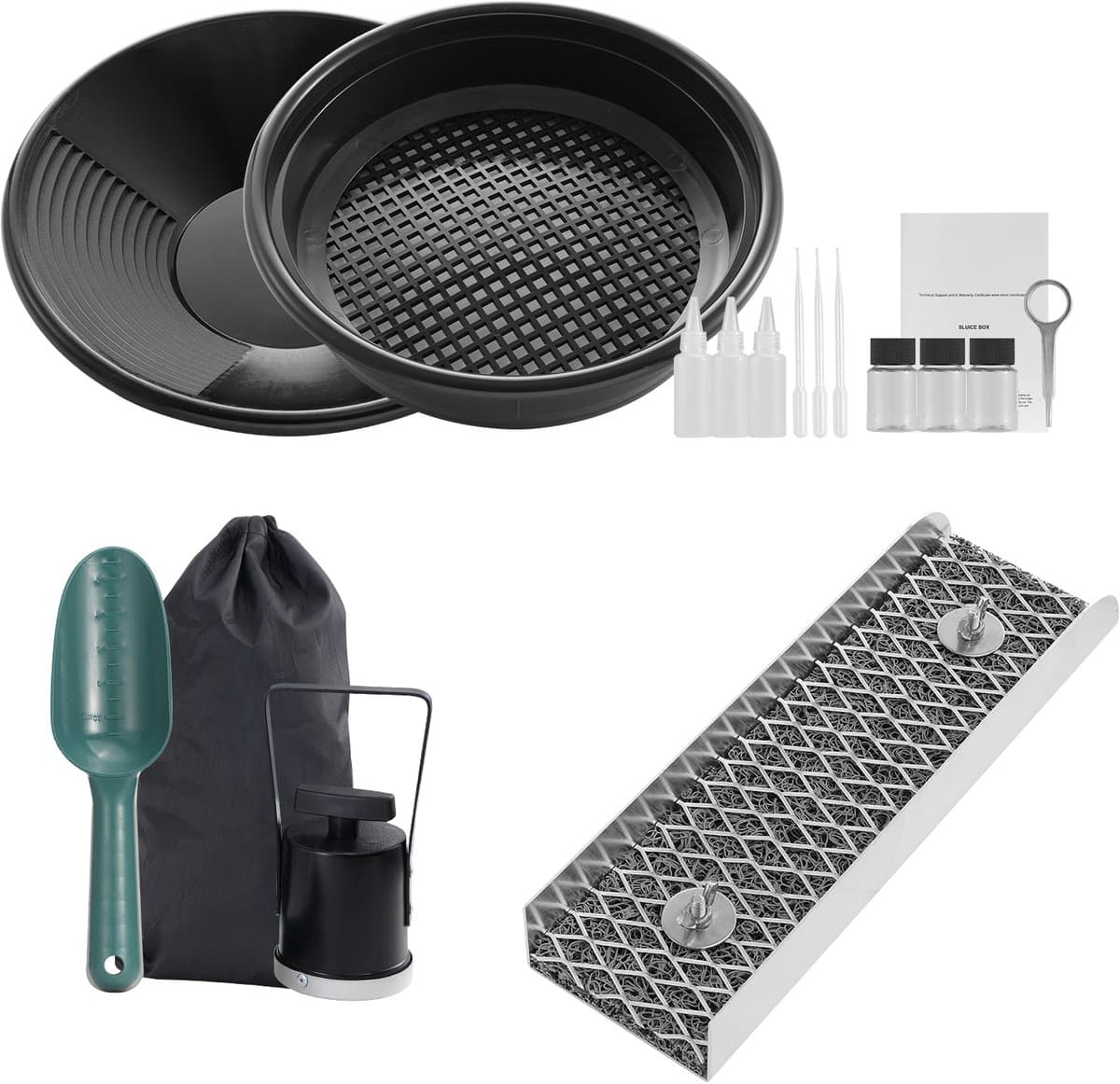 Goudwinningsset met Mini Sluice Box - 30 cm Aluminium Mijnbouwuitrusting, 16-delige Set met Goudpan, Classificeerscherm, Magneet, Rugzak en Accessoires voor Goudzoeken — afbeelding 1