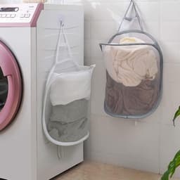 TOVBMUP Wasmand - Mesh wasmand - Opbergmand - Hangend - Opvouwbaar - voor thuis, hotel, reizen, kamperen - Wit + grijs - 2 stuks — thumbnail 4