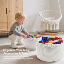 SnelShoppen - Kleine gebreide opbergmand, ronde wasmand van katoen voor het organiseren van kleding, badkamer, speelgoed, d 24 × h 18 cm (wit) — thumbnail 3