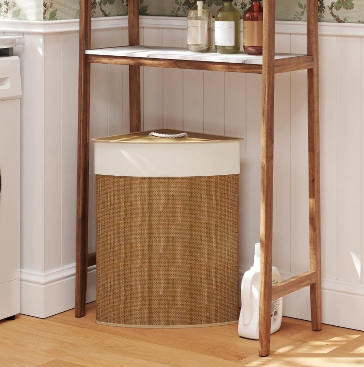 COVREO Wasmand 35x35x60 cm bruin, bamboe met deksel en uitneembare waszak — afbeelding 1
