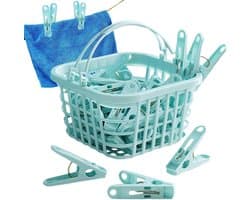 Wasknijperset 30 stuks - Sokkenklemmen mand - Kleding drogen - Winddichte constructie - 7x23.3x7 cm - Blauw