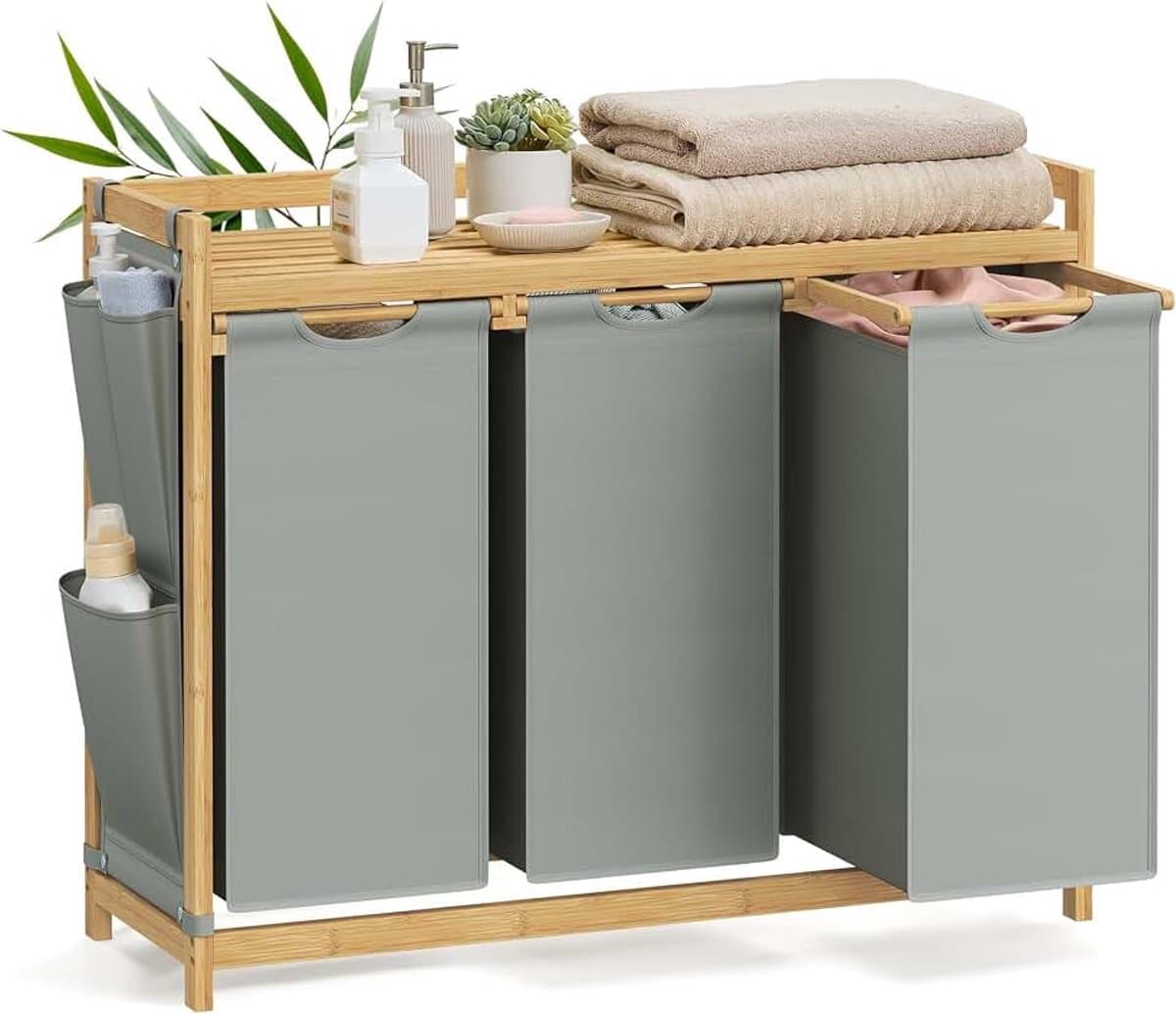 Wasmand 3 vakken, bamboe, wasverzamelaar 150 l, wassorteerder, met plank, waszak, kleine zijzakken, wasrek, 3 x 50 l, 94 x 33 x 78 cm, duifgrijs RLH115G01 — afbeelding 1