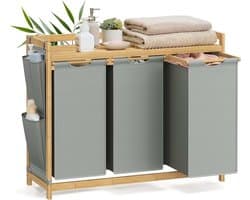 Wasmand 3 vakken, bamboe, wasverzamelaar 150 l, wassorteerder, met plank, waszak, kleine zijzakken, wasrek, 3 x 50 l, 94 x 33 x 78 cm, duifgrijs RLH115G01