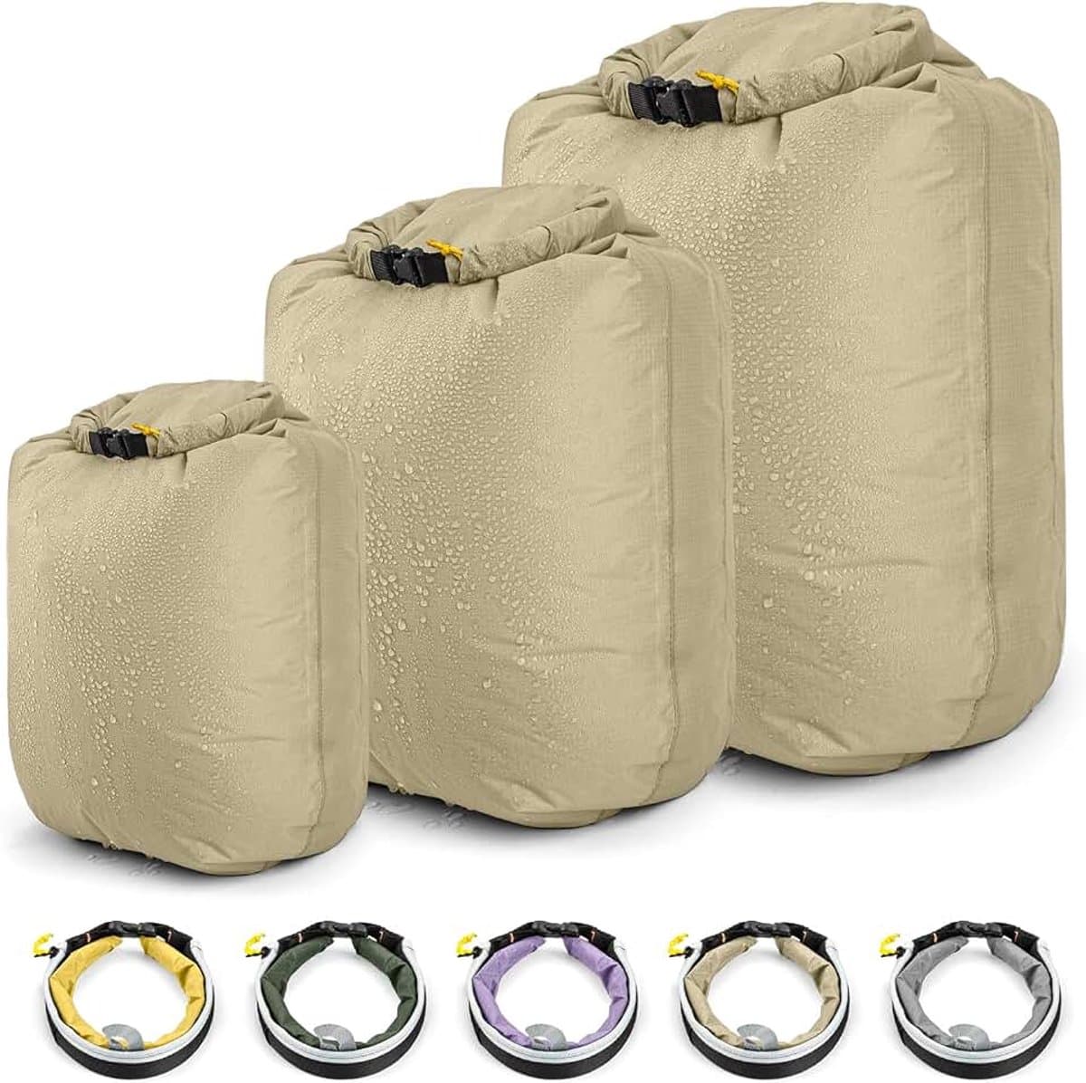 Waterdichte Dry Bag Set - Lichtgewicht Kanozakken Droogzak, Roll Top Drifting Bag,3-Pack Spulzak voor Kajakken Rafting Varen Wandelen Camping Reizen Backpacken, Kaki, Eenvoudig — afbeelding 1