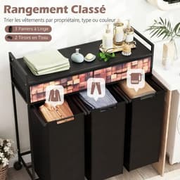Dailygoods 3-delige wasmand op wielen, 135L wasmand met 2 stoffen laden, 3 uitneembare Oxford-stoffen zakken, rustiek br — thumbnail 5
