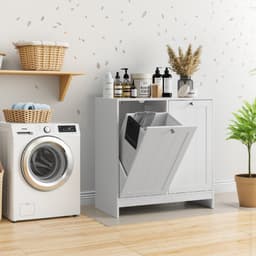 Waskast met uitneembare manden - Wit - 2 stoffen manden met dubbele handgrepen, kantelbaar ontwerp - MDF constructie met kantelbeveiliging - Vrijstaand, voor badkamer, wasruimte en hal — thumbnail 1