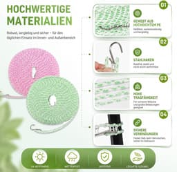 Waslijn caravan - Roze-groen - 16 m - Antislip en Verstelbare Waslijn met Haken - Voor Camping, Tuin en Reizen — thumbnail 5