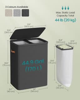 Conway Living® XXL Wasmand met Deksel en 2 Vakken - 170 Liter Sorteerwasmand met Labels - Uitneembare Waszakken - Inklapbaar - 56x40x75 cm - Zwart — thumbnail 2