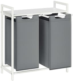Wasmand met 2 vakken Wasgoed sorteerbak 73 x 33 x 72 cm Wit+grijs 2x46L grote capaciteit met verstelbare voetjes uittrekbare en afneembare waszakken en opbergrek Stevig metalen frame Geschikt voor wasruimte badkamer en slaapkamer — thumbnail 1