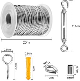 Namajunas – 56-delige staalkabelset – roestvrijstalen kabel – waslijn – 30 meter/100 voet, met oogjes en M5-spanschroeven, geschikt voor kabelsystemen voor buitenverlichting, klimplanten, tuinen en waslijnen, evenals andere buiteninstallaties. — thumbnail 4