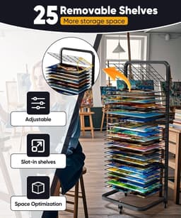 SnelShoppen - Heavy Duty Kunst Schilderij Droogrek Met 25 Afneembare Planken, Mobiele Canvas Opslagstandaard Met Vergrendelbare Wielen Voor Kunststudi — thumbnail 4