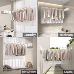Uitschuifbare waslijn, wandmontage - dubbele, onzichtbare uitschuifbare waslijn voor badkamer, woonkamer, balkon, boorvrije stalen kabel - wit - 4,2 meter — thumbnail 4