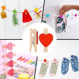 120 Stuks Mini-Houten Klemmen, Klein Hart, Mini-Wasknijpers, Bruiloft, Kleine Houten Knijpers Voor Polaroid Foto'S Met 10 M Jute Koord, Doe-Het-Zelf Voor Fotowand, Display, Feest (Kleur) — thumbnail 3