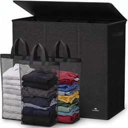Soverdi - Drie Vakken Met Deksel - 3 in 1 Wasmand - Sorteer Wasmand - Opvouwbaar - Wassorteerder - Dichte Wasmand - Dubbele Wasmand - Laundry Basket - Wasbox - Organizer Kleding - Stof - Zwart - Zwarte - 180L — thumbnail 1