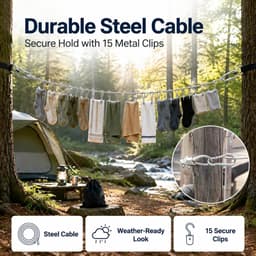 waslijn, 5 m, roestvrij stalen kabel, 2,0 mm, draagbare reiswaslijn met 15 metalen klemmen, 2 magnetische haken en zakken, outdoor waslijn voor camper, balkon, tuin — thumbnail 3