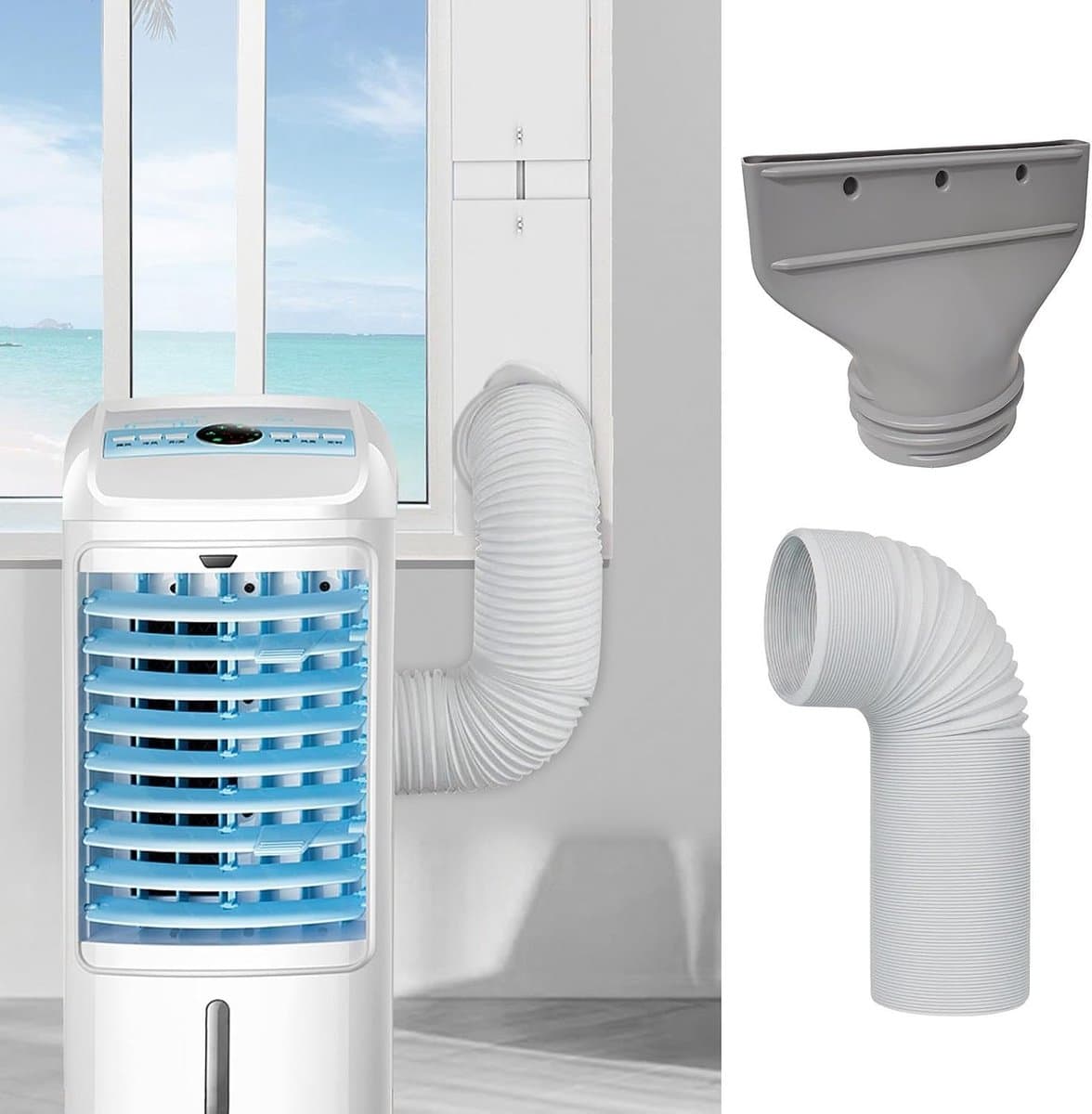 Platte afvoerset voor airco –Airco Afvoerslang Koppelstuk - - Afvoerkoppelstuk met plat mondstuk – Afvoerslang met diameter van 150 mm – Accessoire voor mobiele airco's – Uitschuifbare slang van 1,5 m – Grijs — afbeelding 1