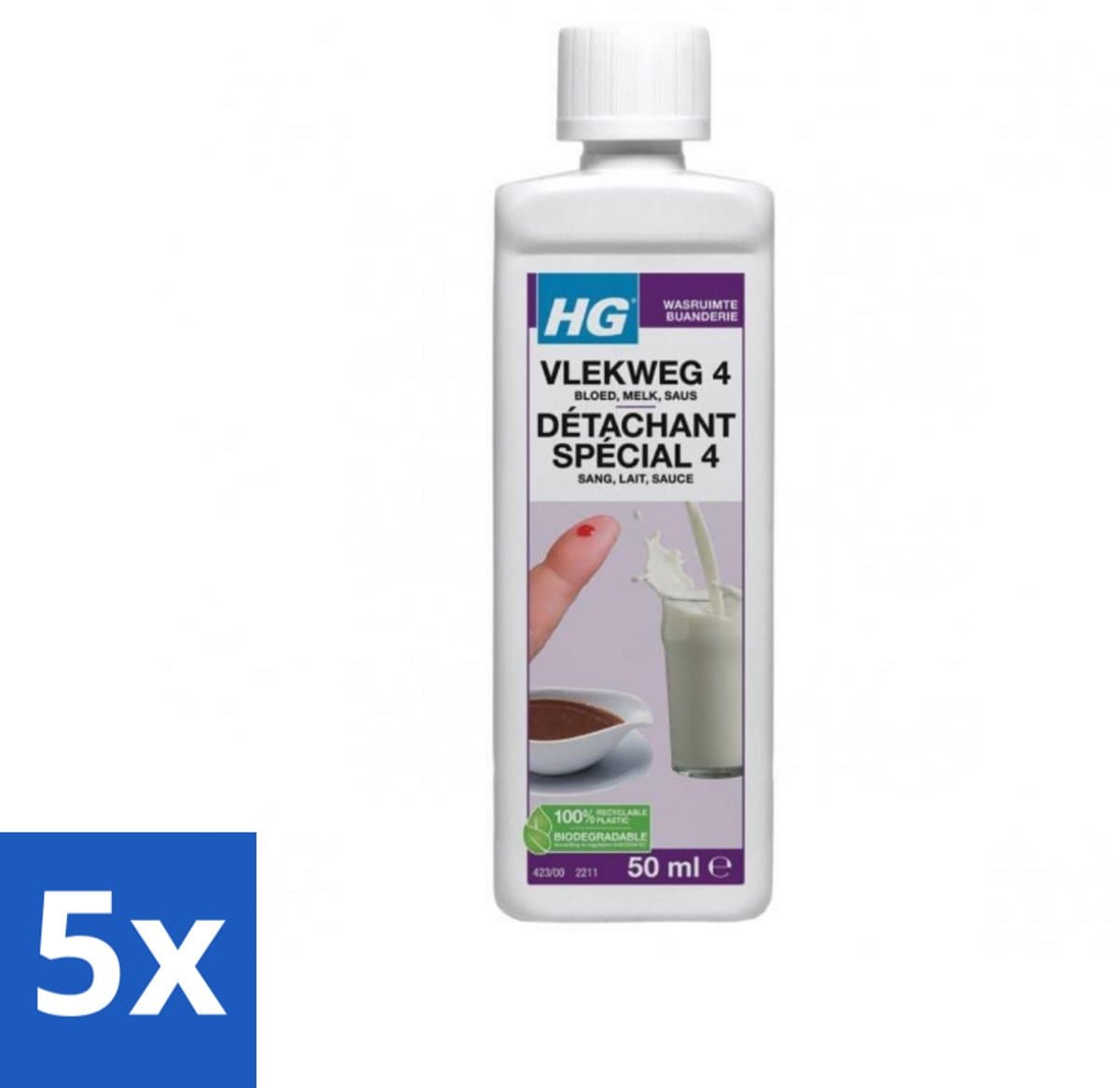 5 x HG - Wasruimte - Vlekweg 4 - Bloed, Melk, Saus - 50 ml - Vlekken Verwijderen - Bloedvlekken Verwijderen - Melk Vlekken Verwijderen - Saus Vlekken Verwijderen - Textiel Reinigen — afbeelding 1