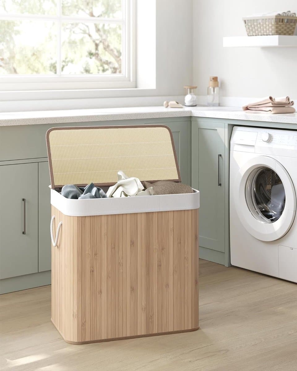 Bamboe Wasbox 150 L - Opvouwbaar met Deksel en Handvaten - Was Sorteermachine met 3 Compartimenten - Machine Wasbare Katoenen Waszak - Natuurlijke Kleur - Geschikt voor de Wasruimte (LCB091N01) — afbeelding 1