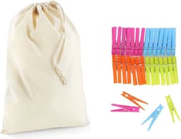 Wasknijperzakje / tasje met afsluitkoord en 32 plastic wasknijpers in verschillende kleuren - knijperzak / opbergtas — thumbnail 1