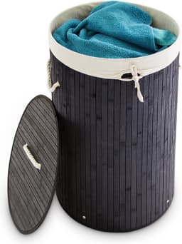 wasmand bamboe - 70 l - opvouwbaar - met deksel en katoenen waszak - Ø 41 cm - zwart — thumbnail 2