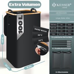 KESSER® Wasmand met Deksel - Opvouwbare Wasbox - Wassorteerder met Uitneembare 2x Waszakken inclusief wasinstructies - Zwart, 100 liter — thumbnail 2