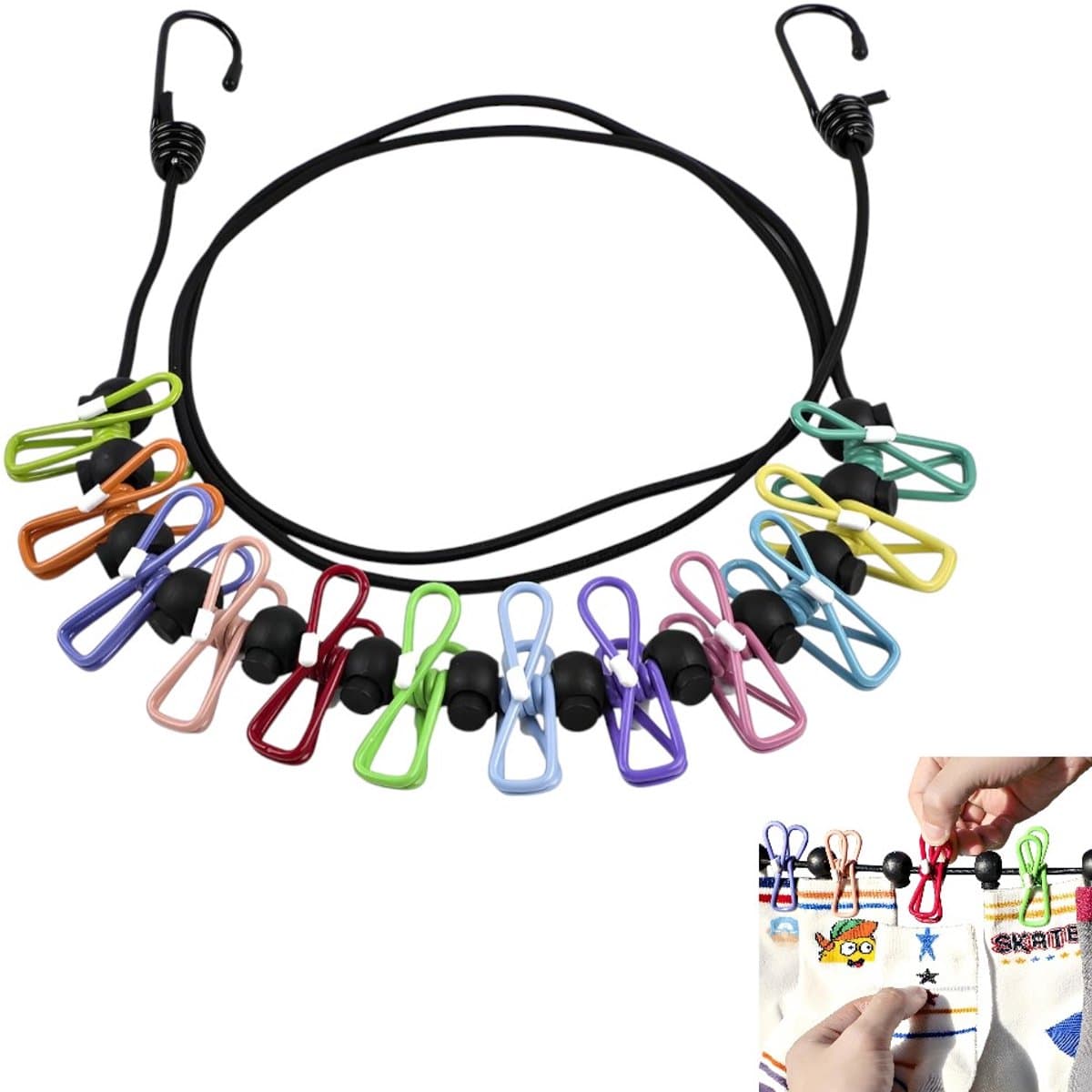 Elastische waslijn, draagbare regenboog waslijn met 12 clips voor reizen, vakantie, buiten, kamperen, slaapzaal (zwart) 1,8 m — afbeelding 1
