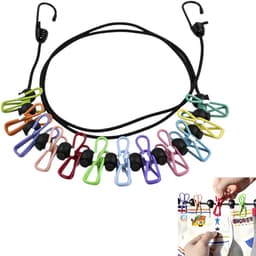 Elastische waslijn, draagbare regenboog waslijn met 12 clips voor reizen, vakantie, buiten, kamperen, slaapzaal (zwart) 1,8 m — thumbnail 1