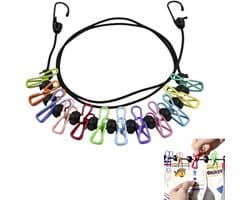 Elastische waslijn, draagbare regenboog waslijn met 12 clips voor reizen, vakantie, buiten, kamperen, slaapzaal (zwart) 1,8 m — afbeelding 1