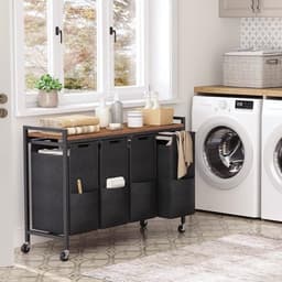 Luxe Wassoorteerder – 4 Vakken – Wasmand – Op Wieltjes – Met Deksel – Basket op Wielen – Duurzame Stof – Stabiel Frame – Zwart — thumbnail 4