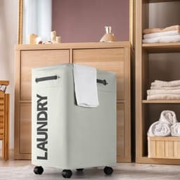 Opvouwbare wasmanden met wiel, 74 liter, large opvouwbare wasmanden, right-height, waterproof, opvouwbare wasmanden met wiel, praktische wasmanden (beige o2) — thumbnail 3