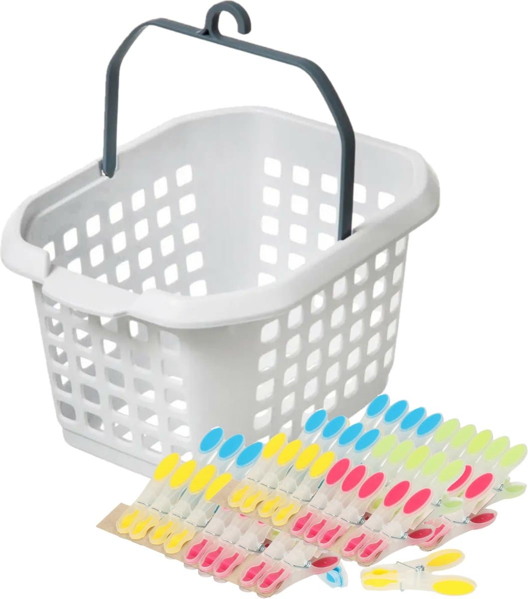 Wasknijpers ophang mandje/bakje - wit - met 60x plastic soft grip knijpers — afbeelding 1