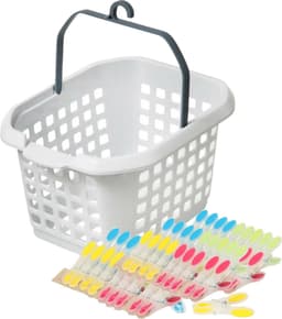 Wasknijpers ophang mandje/bakje - wit - met 60x plastic soft grip knijpers — thumbnail 1