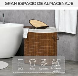ELYSIVM Wasmand - Wasmand met 2 vakken - Wasmand met 2 deksels - wassorteerder - wasmand met 2 deksels - 2 Compartimenten / Vakken - Uitneembare Binnenvoering - Ventilerend - 100 L - 62,5 x 37 x 60,5 cm - Bruin — thumbnail 5