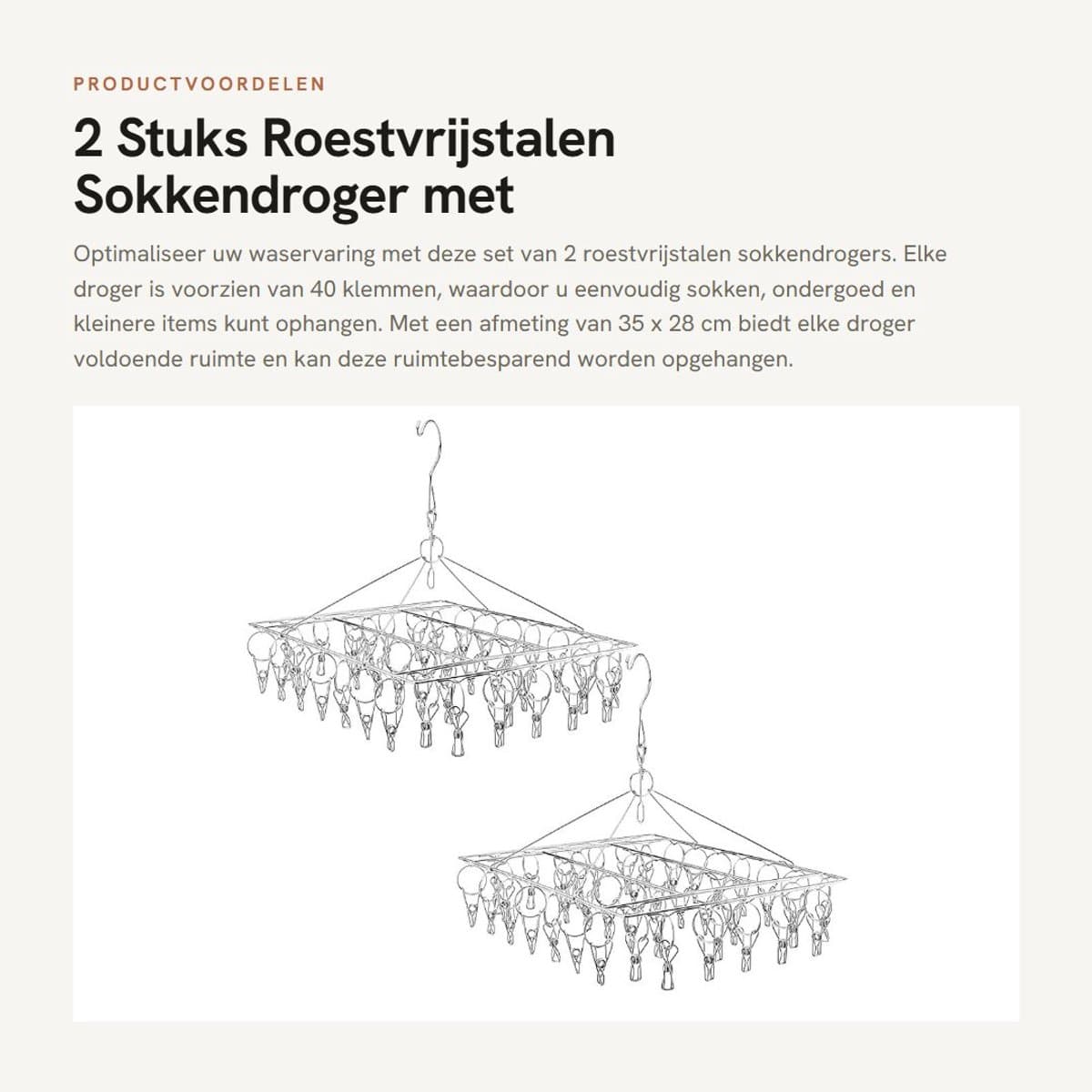 Dailygoods- Sokkendroger set van 2 - Roestvrij Stalen - 35 x 28 cm - Hangend - 40 Klemmen - Ideaal voor Camping/Balkon - Wasrek — afbeelding 1