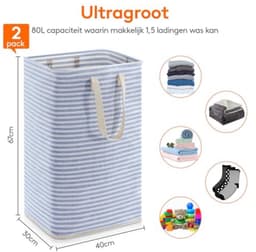 Wasmand opvouwbaar 80L set van 2 – waterdicht met handgrepen – grote opvouwbare wasmand – grijs & blauw — thumbnail 3